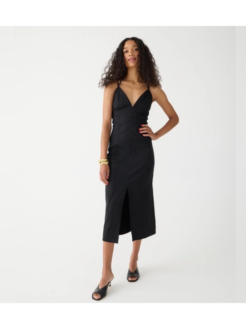 J. Crew Collection Black V-Neck halter- tie Midi Dress with Front Slit